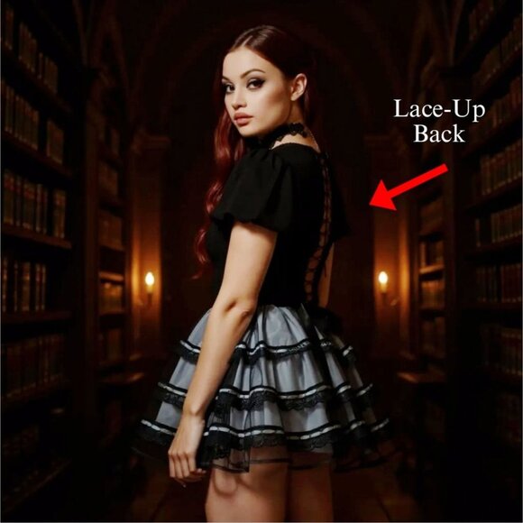 Diamond In The Dark Black Lace Up Flutter Sleeve Top Gothic Romantic Dark M - Picture 2 of 7